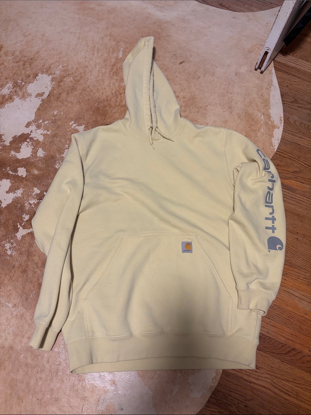 Carhartt Men's Pale Yellow Hooded Sweatshirt with Sleeve Logo